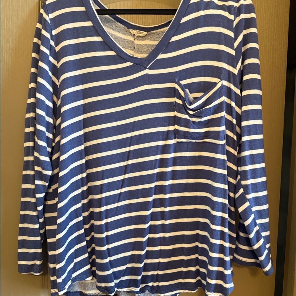 Blue and White Striped V-Neck Top